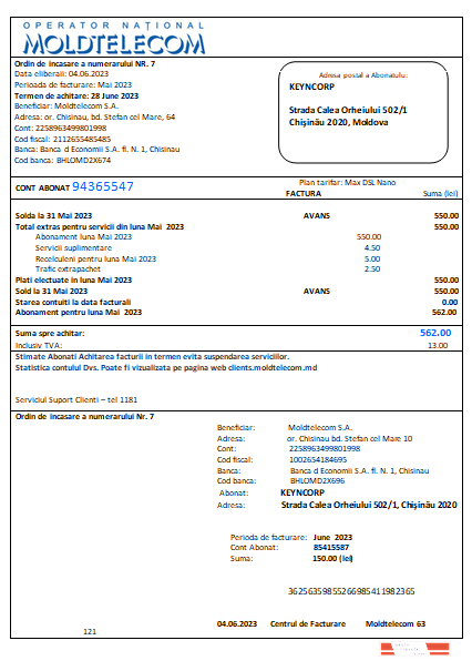 Moldtelecom utility business bill, SCR PSD template